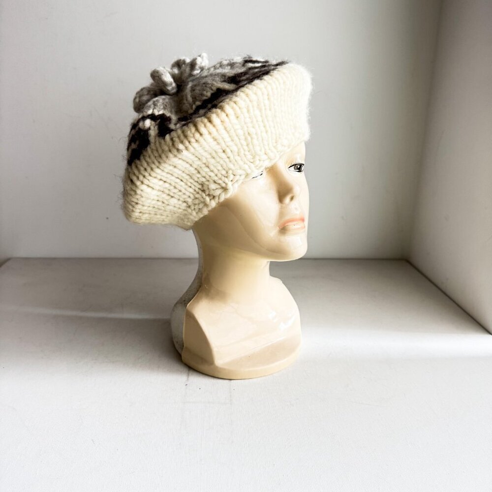 Vintage Hand Knit Wool Chunky Knit Beret Hat L - Picture 6 of 6